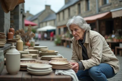 Chineuse examinant de la vaisselle ancienne sur un étal de vide grenier en Bretagne dans le Finistère