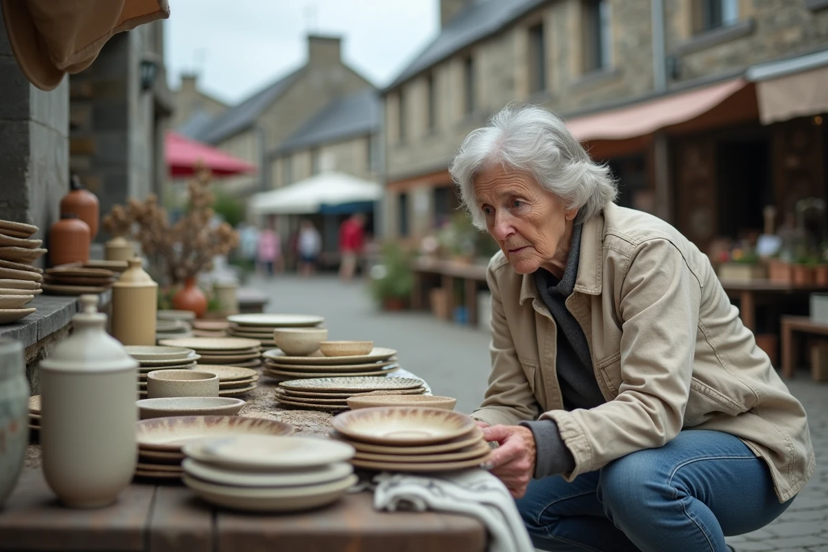 Chineuse examinant de la vaisselle ancienne sur un étal de vide grenier en Bretagne dans le Finistère