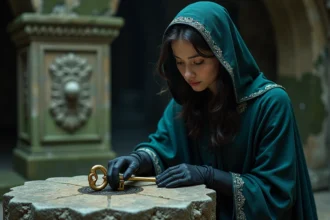 Jeune femme en cape sombre tenant une clé ornementée dans une chambre souterraine en pierre ancienne, évoquant l'univers de Silksong