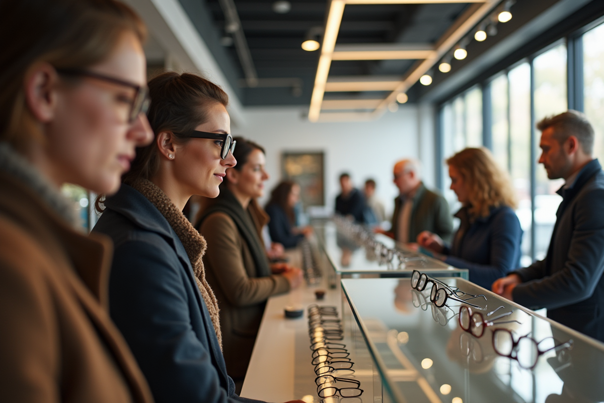 Groupe de clients bretons regardant la vitrine de lunettes dans un magasin lumineux