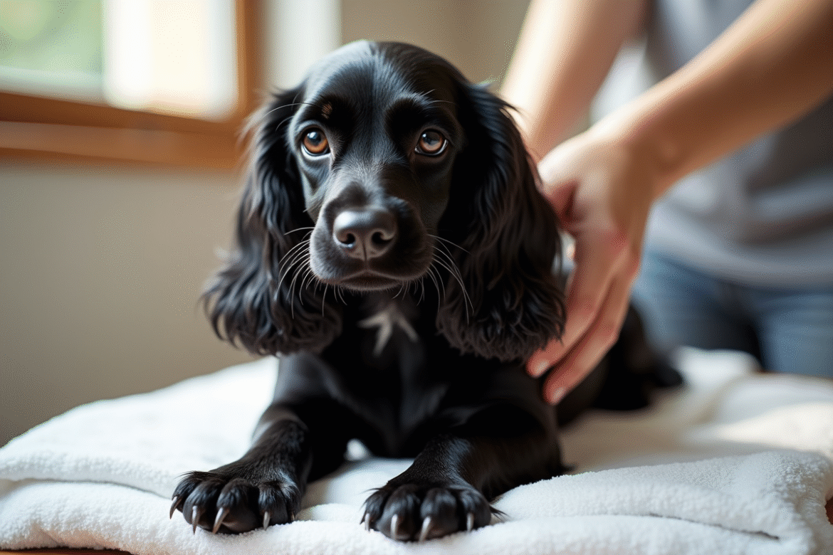 Cocker spaniel noir being brossé sur une serviette blanche