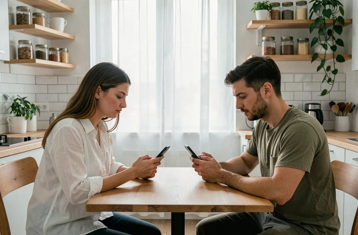 Deux amis dans une cuisine moderne consultant leurs téléphones ensemble, illustrant les codes modernes pour exprimer indirectement le manque en 2026