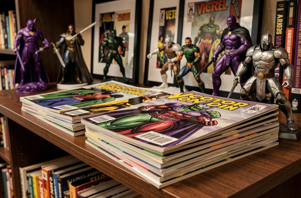 Collection de comics Marvel mettant en vedette Victor von Doom, figurines de Doctor Doom et couvertures de bandes dessinées sur une étagère en bois sombre