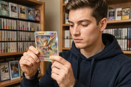 Collectionneur adulte examinant une carte Pokémon holographique rare dans une salle de collection organisée