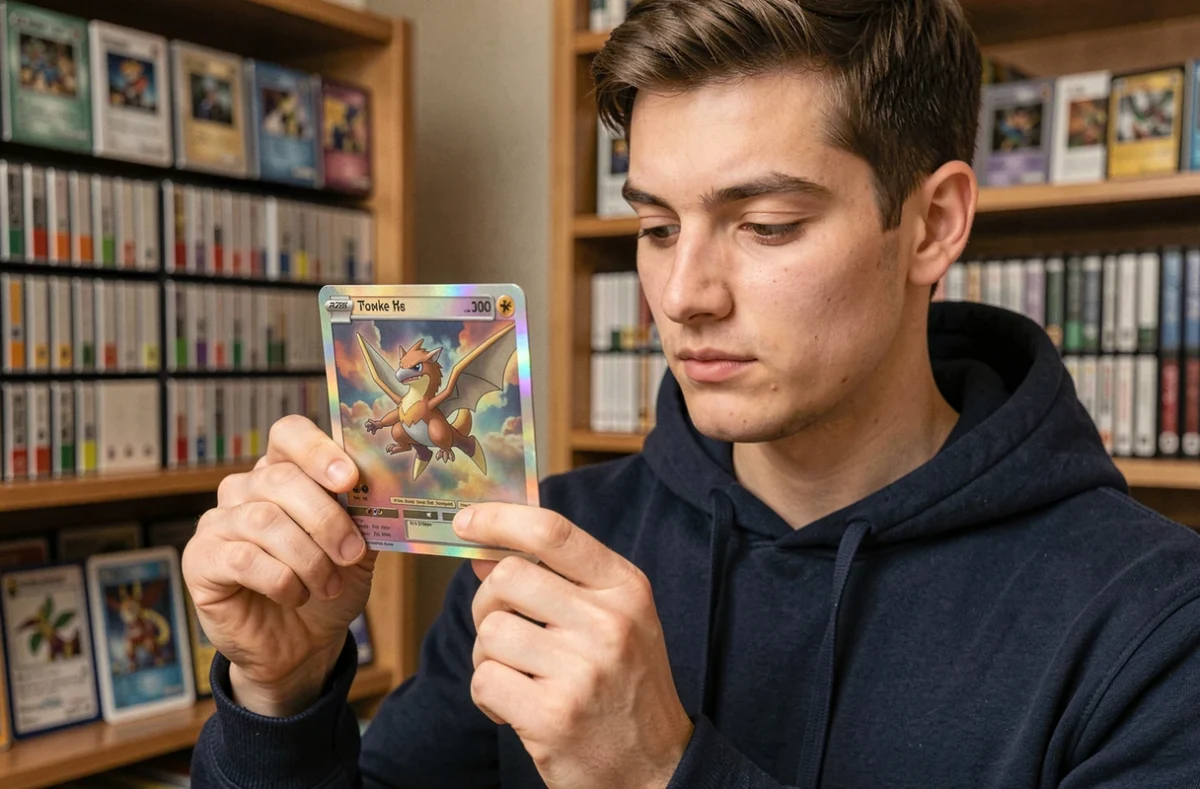 Collectionneur adulte examinant une carte Pokémon holographique rare dans une salle de collection organisée