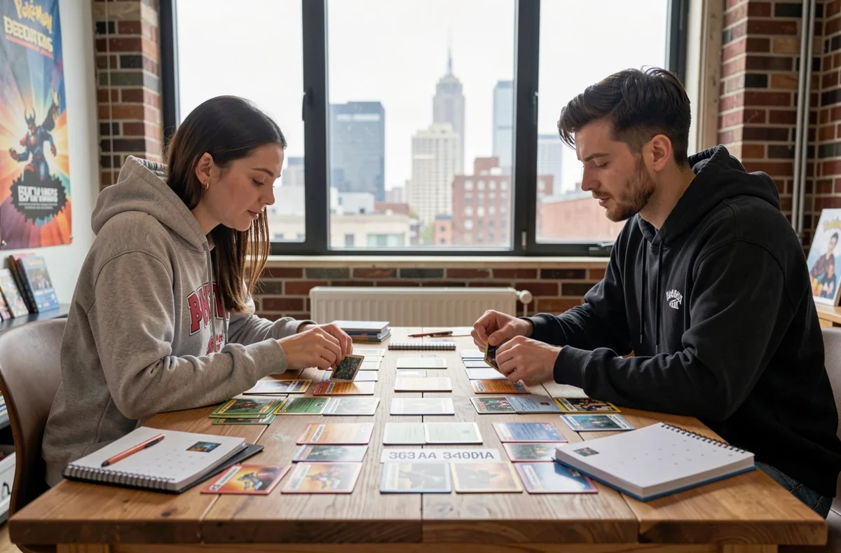Deux collectionneurs adultes triant des cartes Pokémon par date de sortie autour d'un calendrier de lancement 2025 et 2026