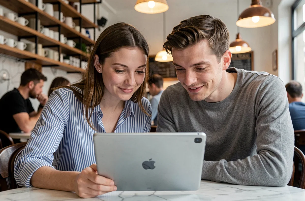 Deux collègues regardant ensemble des stories Instagram sur une tablette dans un café