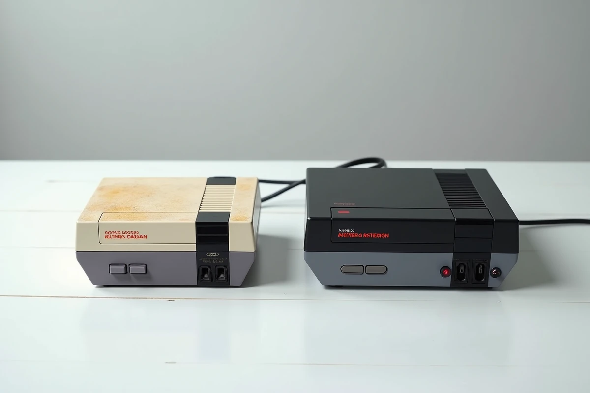 Comparaison côte à côte d'une NES originale usée et d'une console de jeux rétro moderne sur fond neutre