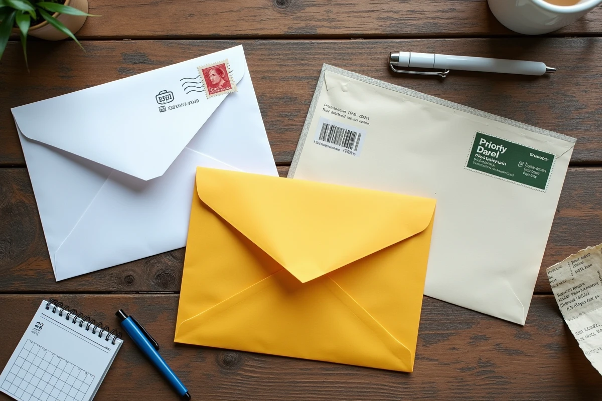 Comparaison de différents types d'envois postaux avec enveloppe standard, lettre prioritaire et courrier suivi