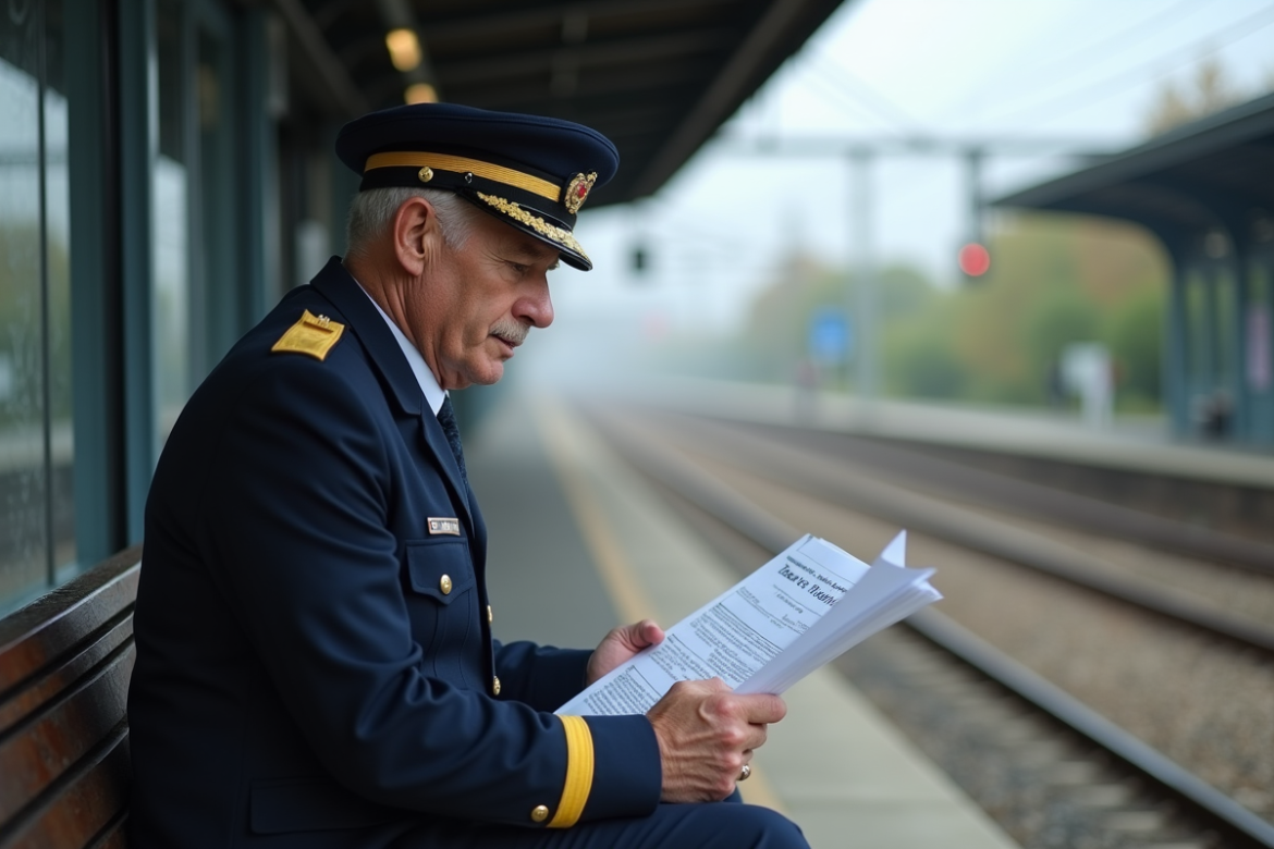 Homme conducteur de train en uniforme assis sur un banc en gare