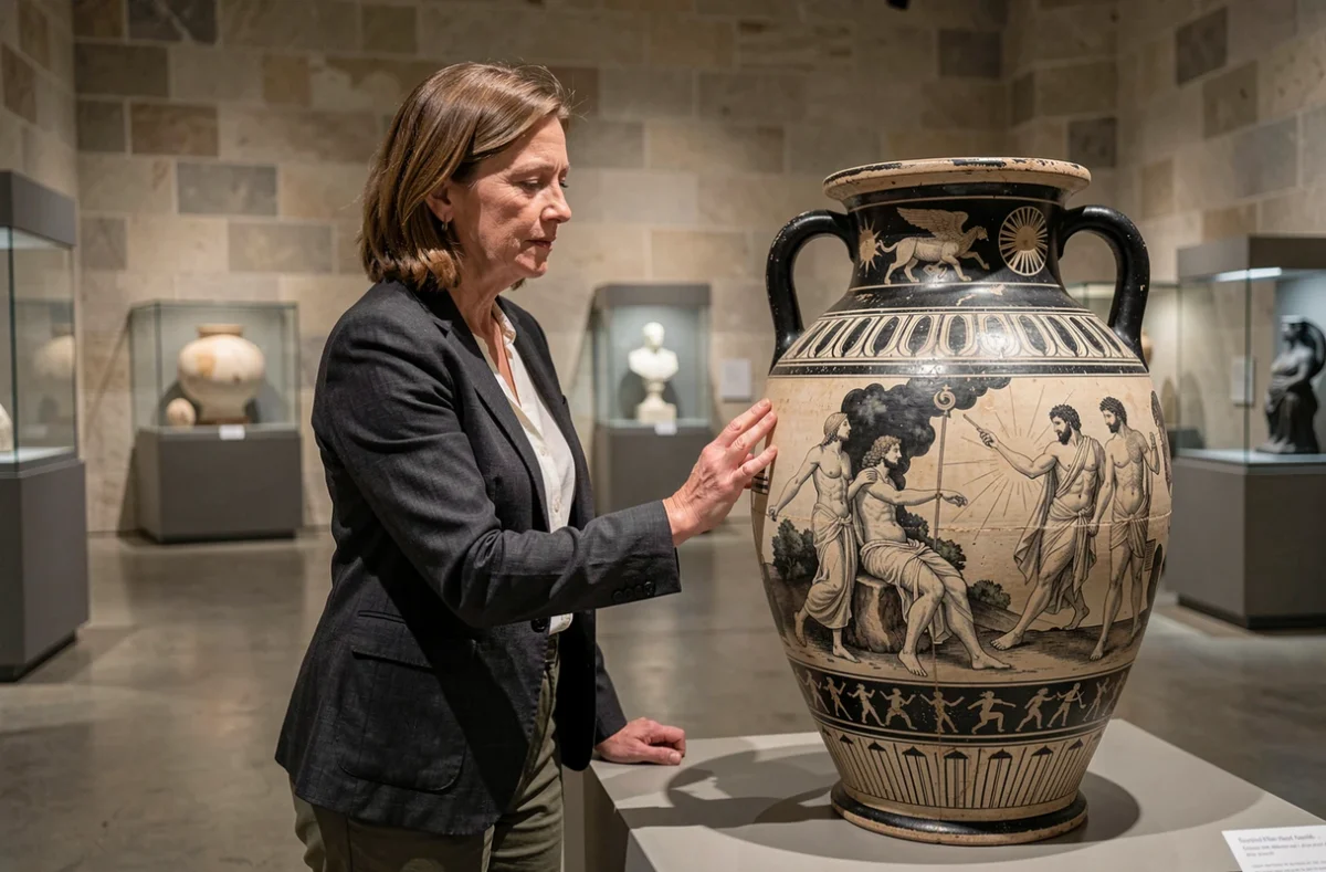 Conservatrice de musée examinant une amphore grecque antique ornée de scènes mythologiques représentant la cosmogonie et Gaïa