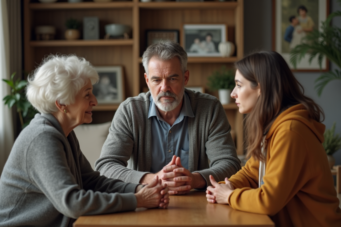 Trois personnes en discussion calme à la maison