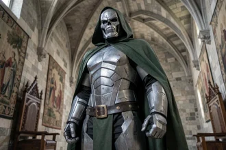 Cosplayer en armure de Doctor Doom Marvel dans un château gothique médiéval, cape verte et casque de métal gris, plan en contre-plongée dramatique