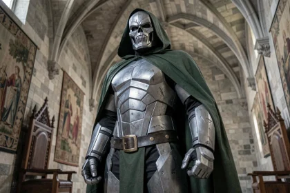 Cosplayer en armure de Doctor Doom Marvel dans un château gothique médiéval, cape verte et casque de métal gris, plan en contre-plongée dramatique