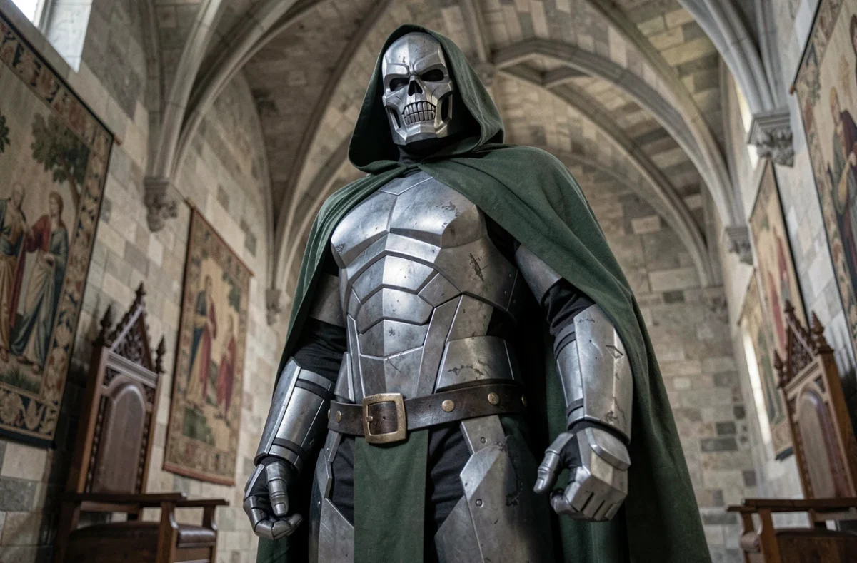 Cosplayer en armure de Doctor Doom Marvel dans un château gothique médiéval, cape verte et casque de métal gris, plan en contre-plongée dramatique