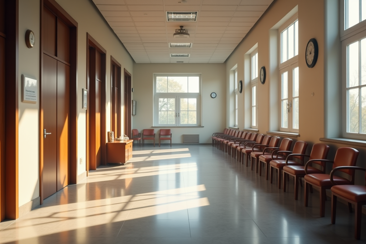 Couloir d un bâtiment gouvernemental avec chaises vides