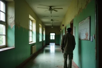 Couloir délabré d'un hôpital psychiatrique abandonné avec un photographe urbex explorant les lieux