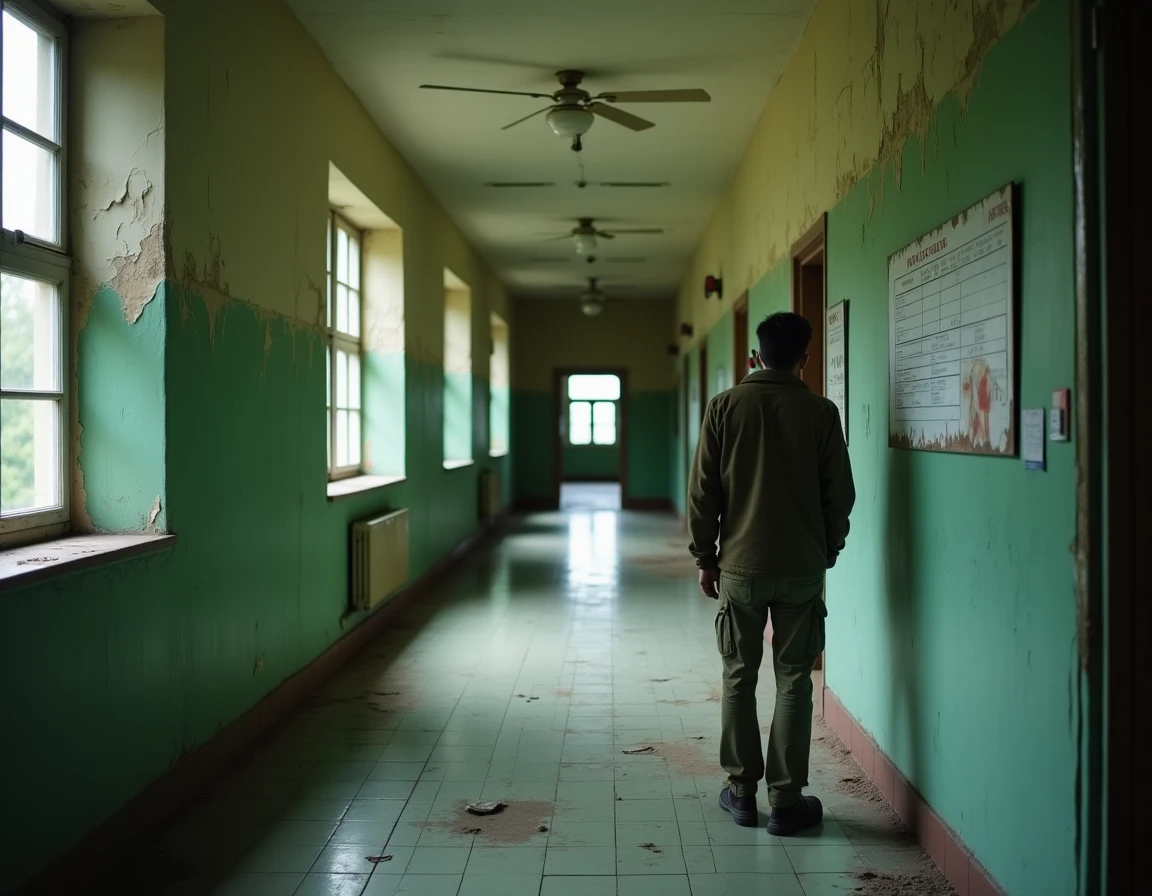 Couloir délabré d'un hôpital psychiatrique abandonné avec un photographe urbex explorant les lieux