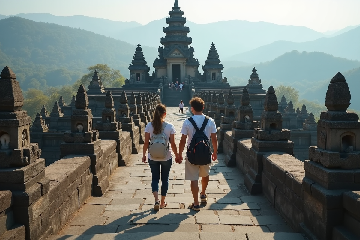 Jeune couple montant les escaliers du temple Besakih
