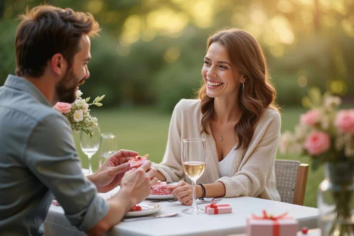 Couple heureux échangeant des cadeaux dans un jardin en plein air