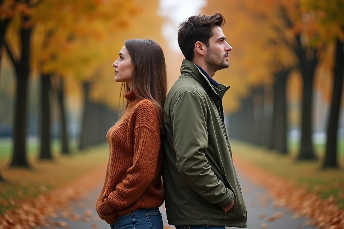 Couple dos à dos dans un parc en automne symbolisant la dualité et la connexion des flammes jumelles