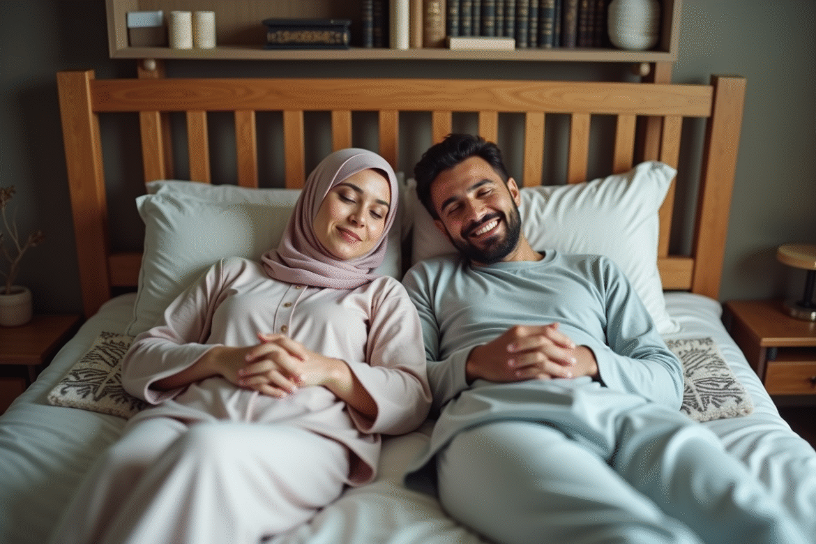 Couple musulman paisible reposant dans une chambre calme