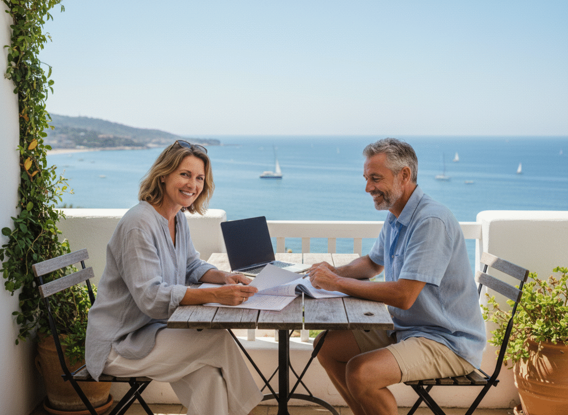 Couple souriant sur terrasse en bord de mer en été