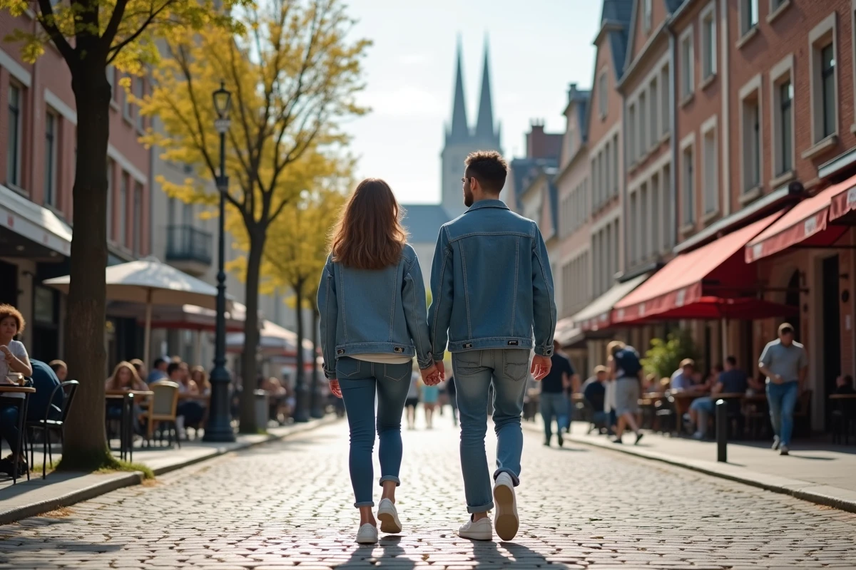 Jeune couple se promenant dans les rues pavées de Lille