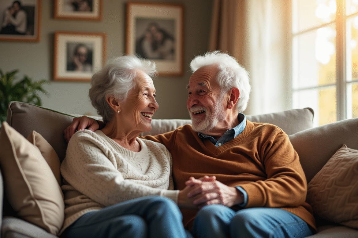 Couple âgé assis sur un canapé chaleureux souriant