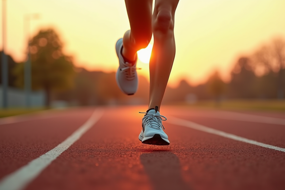 Pieds en course sur une piste au lever du soleil avec chaussures stylées
