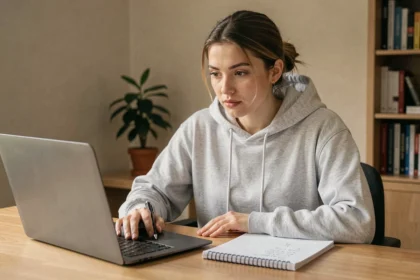Jeune femme débutante prenant des notes devant un ordinateur portable pour apprendre à utiliser Kabrax