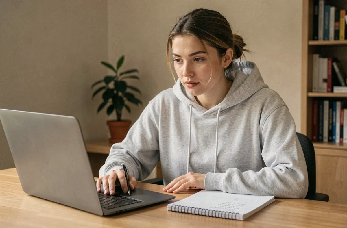 Jeune femme débutante prenant des notes devant un ordinateur portable pour apprendre à utiliser Kabrax