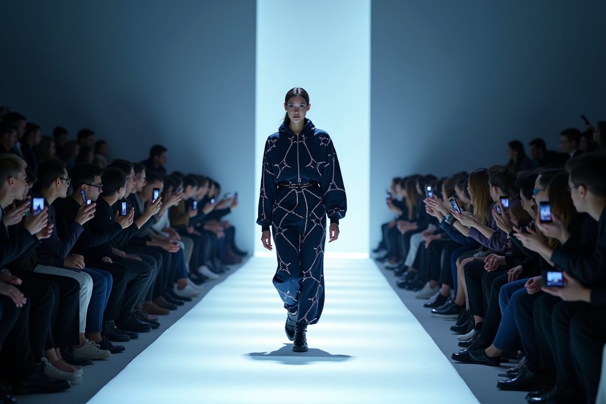 Défilé de mode avec vêtements high tech à LED dans un lieu moderne