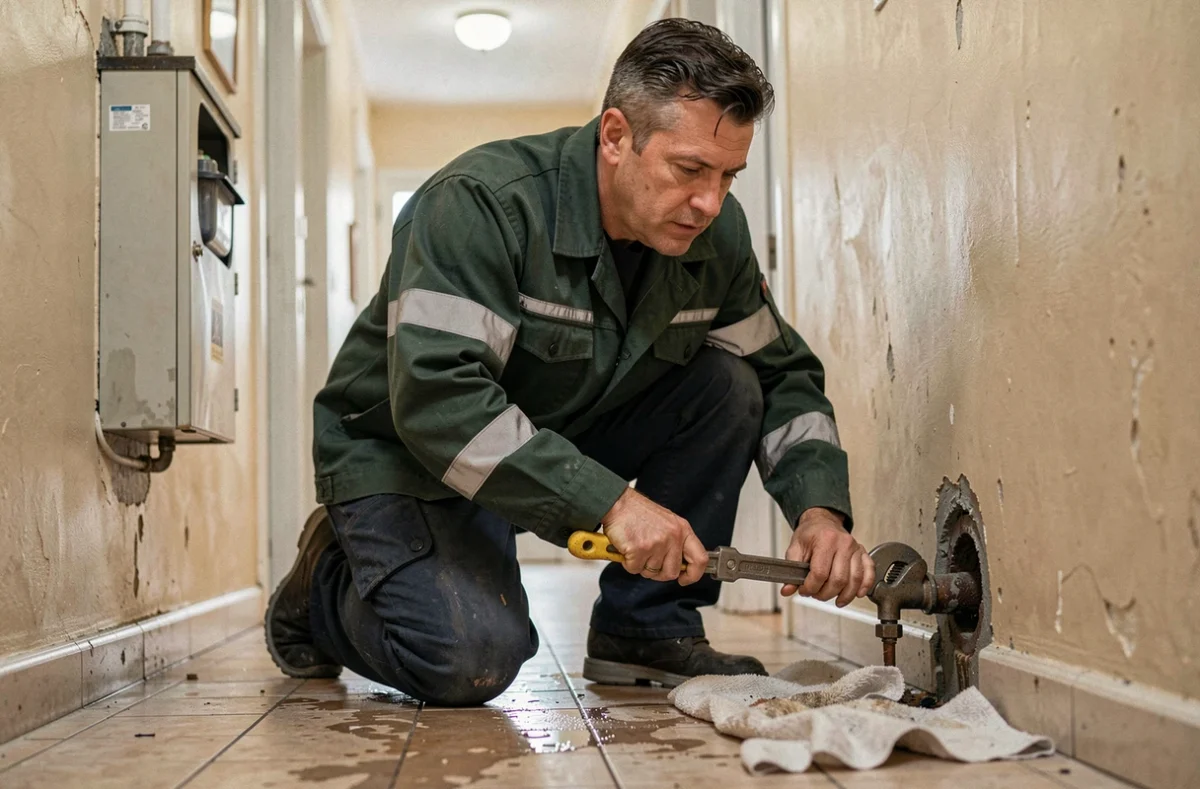 Technicien de Depanneviteloiret intervenant en urgence sur une fuite d'eau dans un couloir d'immeuble à Orléans
