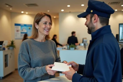 Femme déposant une lettre au guichet d'un bureau de poste français pour un envoi recommandé