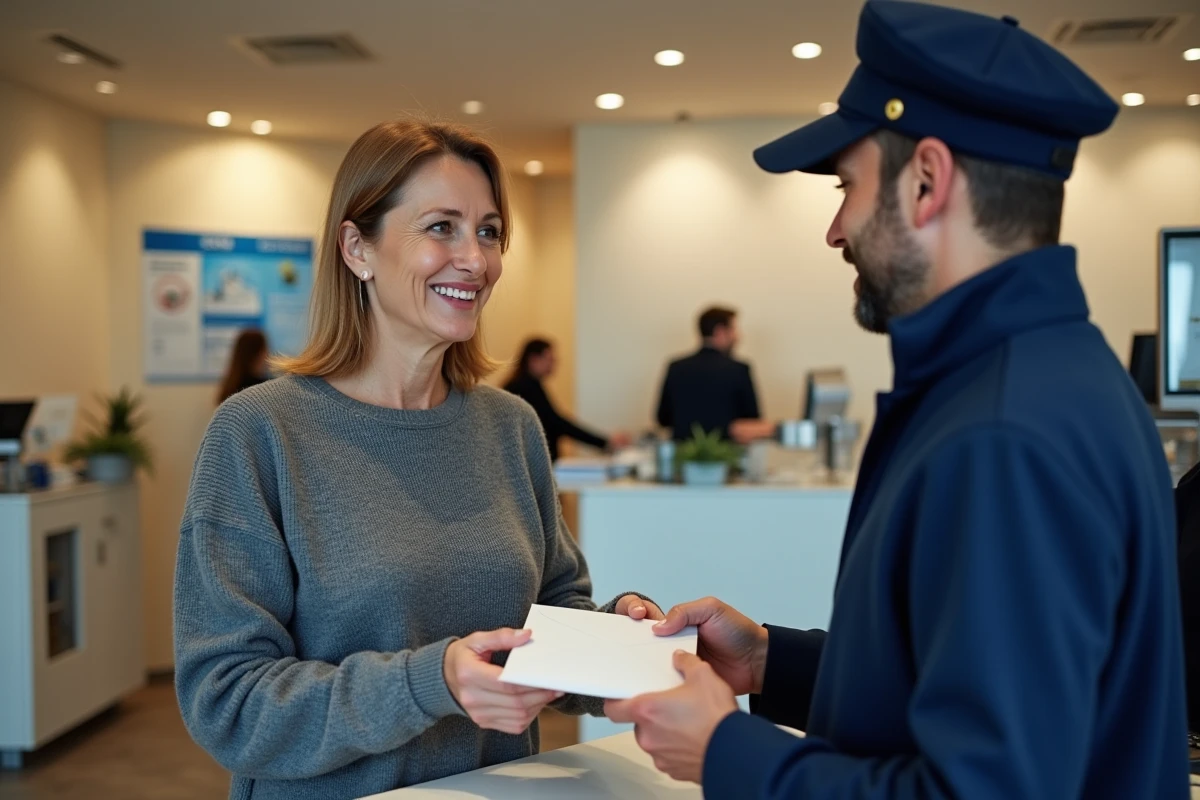 Femme déposant une lettre au guichet d'un bureau de poste français pour un envoi recommandé