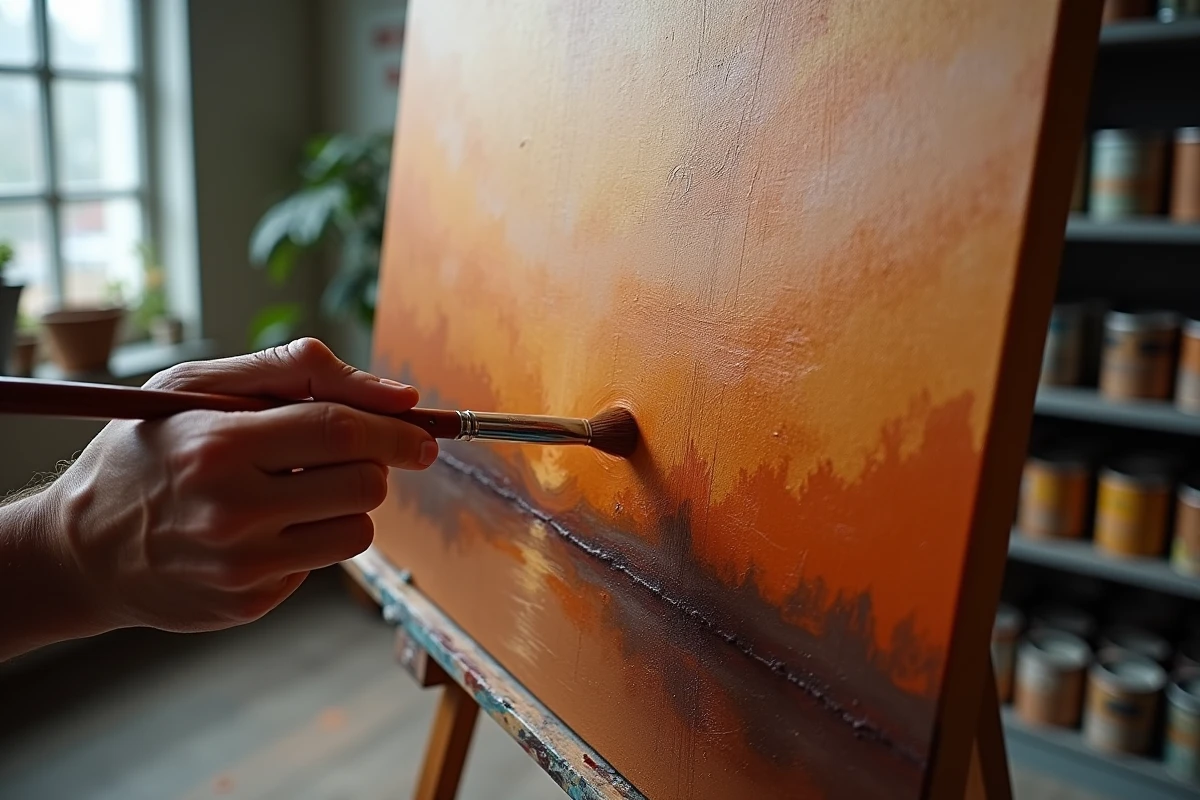 Détail de tableau à l'huile avec glacis brun appliqué par un peintre pour apporter de la profondeur à sa composition