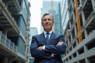 Homme d'affaires en costume dans un chantier urbain en construction