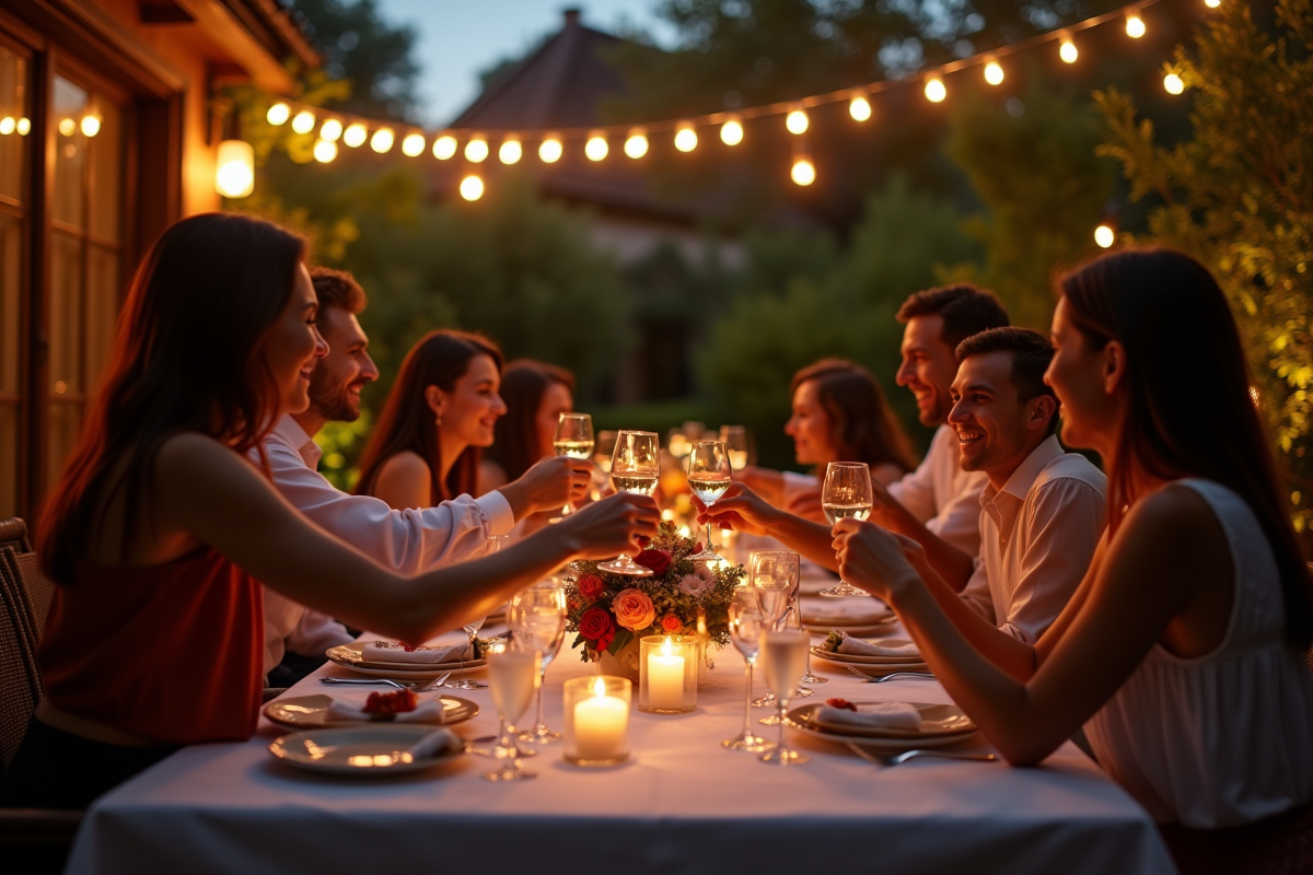 Diner en plein air avec amis et guirlandes lumineuses
