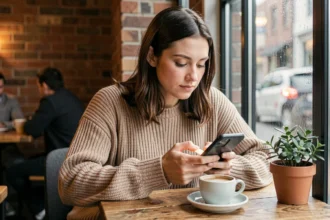 Jeune femme songeuse dans un café regardant son téléphone avec nostalgie, illustrant le fait d'exprimer indirectement le manque à quelqu'un