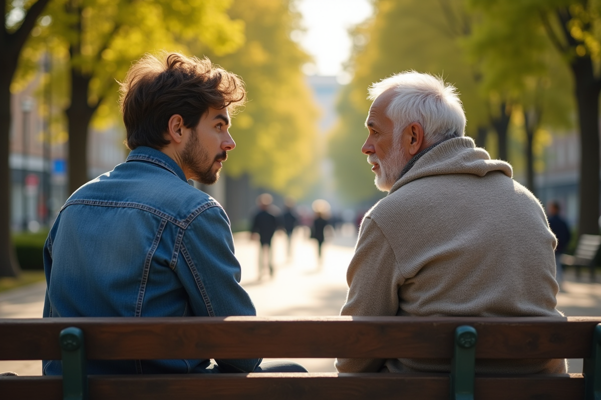 Deux hommes discutant sur un banc dans un parc