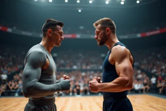 Deux combattants en tenue sportive se faisant face dans une arène moderne, posture de combat intense avant un duel stratégique