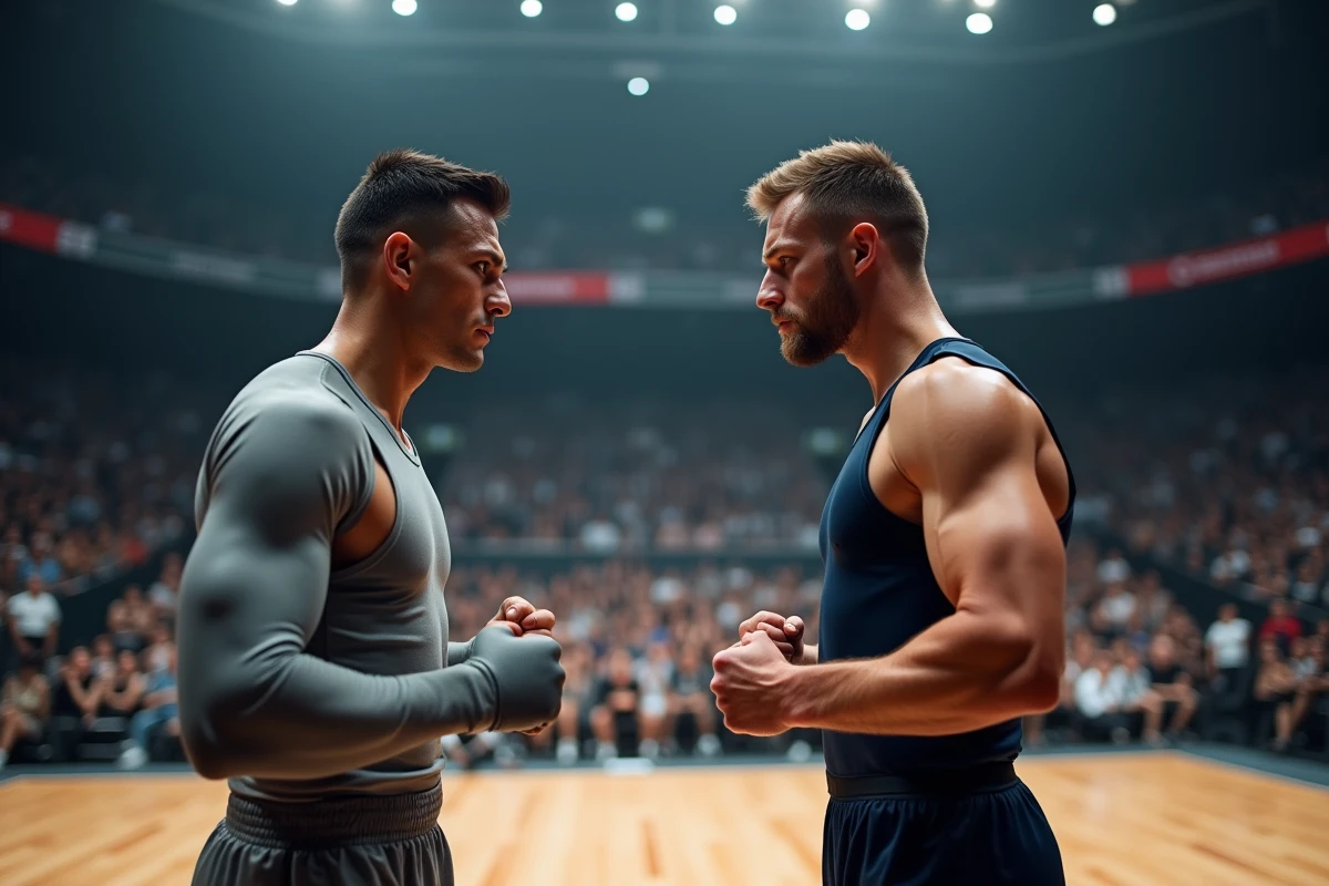 Deux combattants en tenue sportive se faisant face dans une arène moderne, posture de combat intense avant un duel stratégique