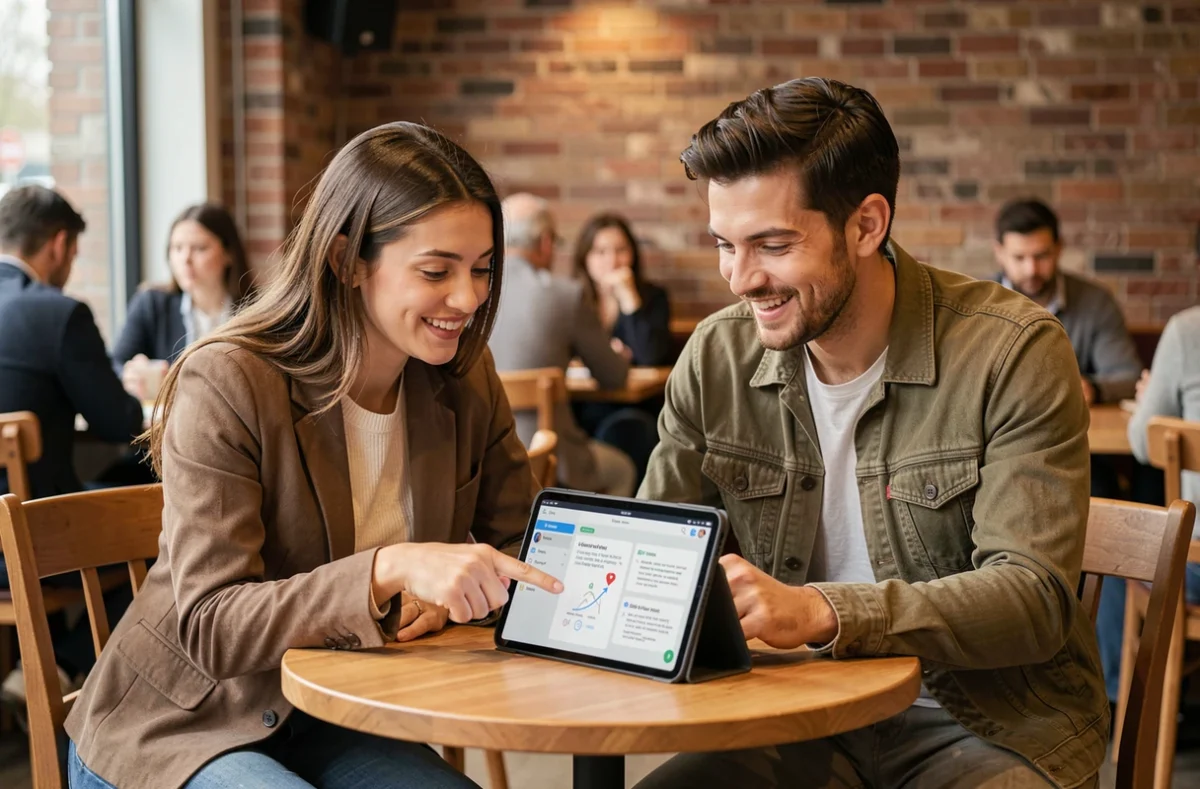 Deux personnes débutantes qui découvrent ensemble le guide de démarrage Kabrax sur une tablette dans un café