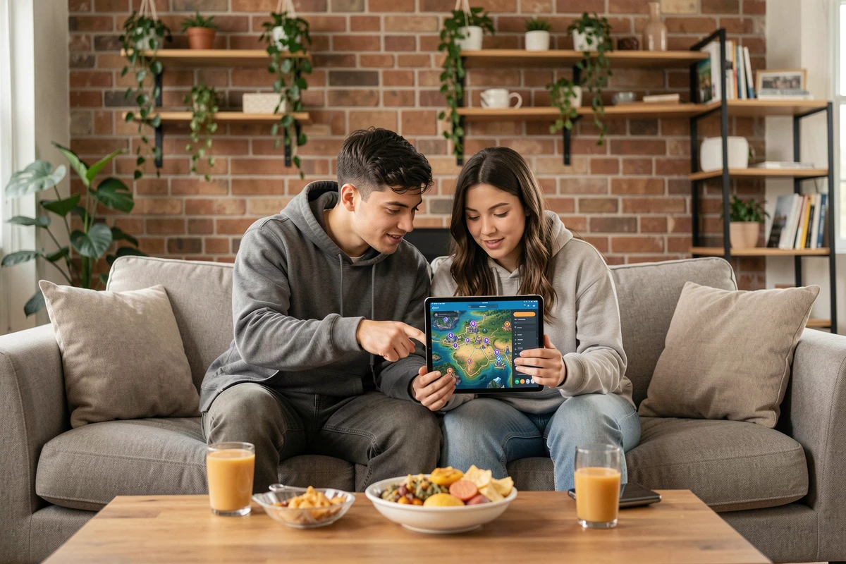 Deux joueurs en train de planifier leurs trajets de portails sur une tablette affichant une carte de zone de jeu vidéo