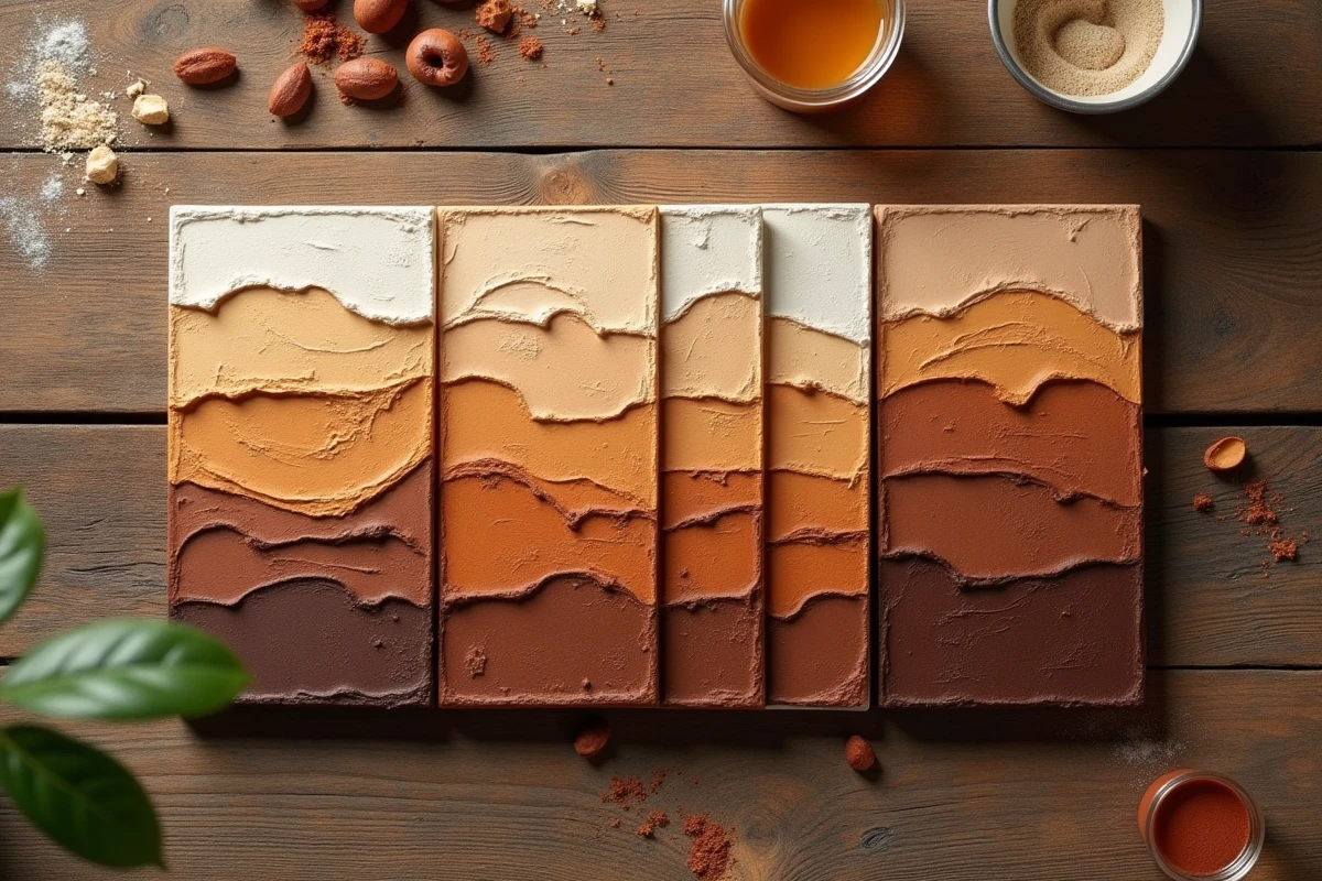 Échantillons de peinture à l'huile en nuances de brun sur une table en bois rustique montrant la profondeur et la texture
