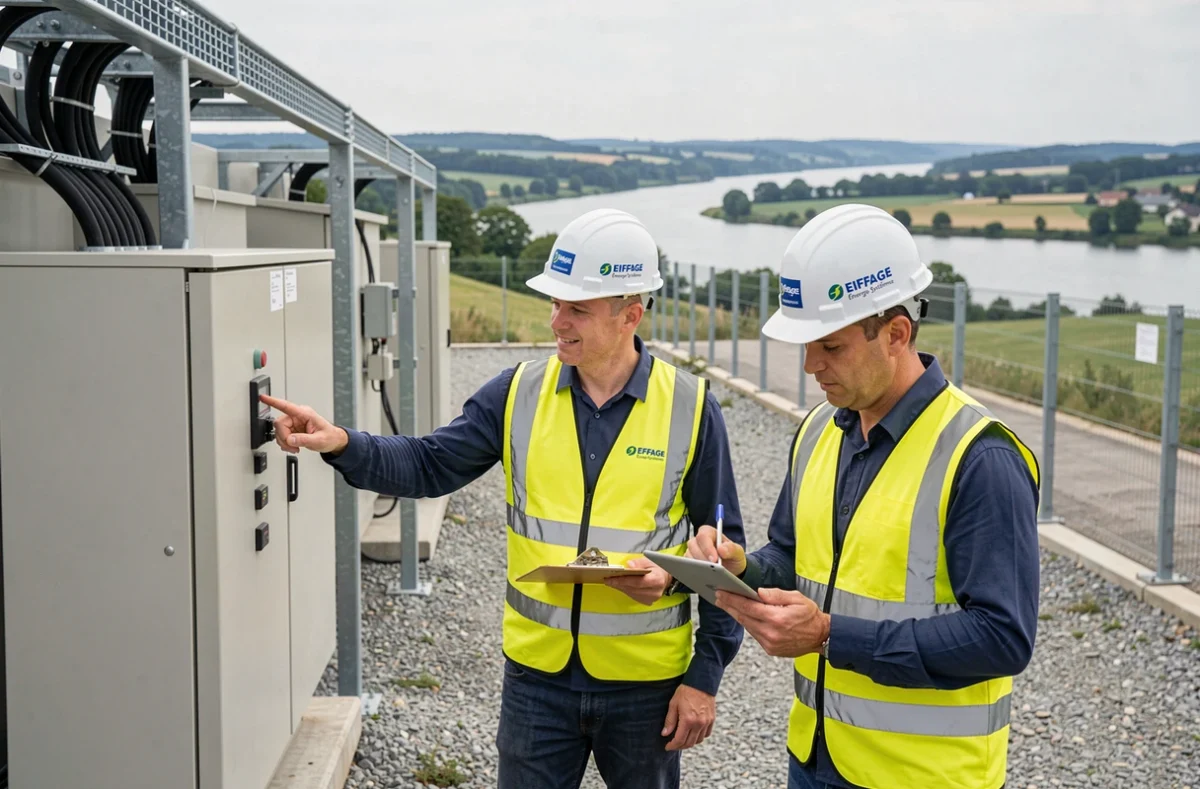 Ingénieurs d'Eiffage Énergie Systèmes Centre Loire effectuant une inspection technique sur un site industriel énergétique près d'Orléans