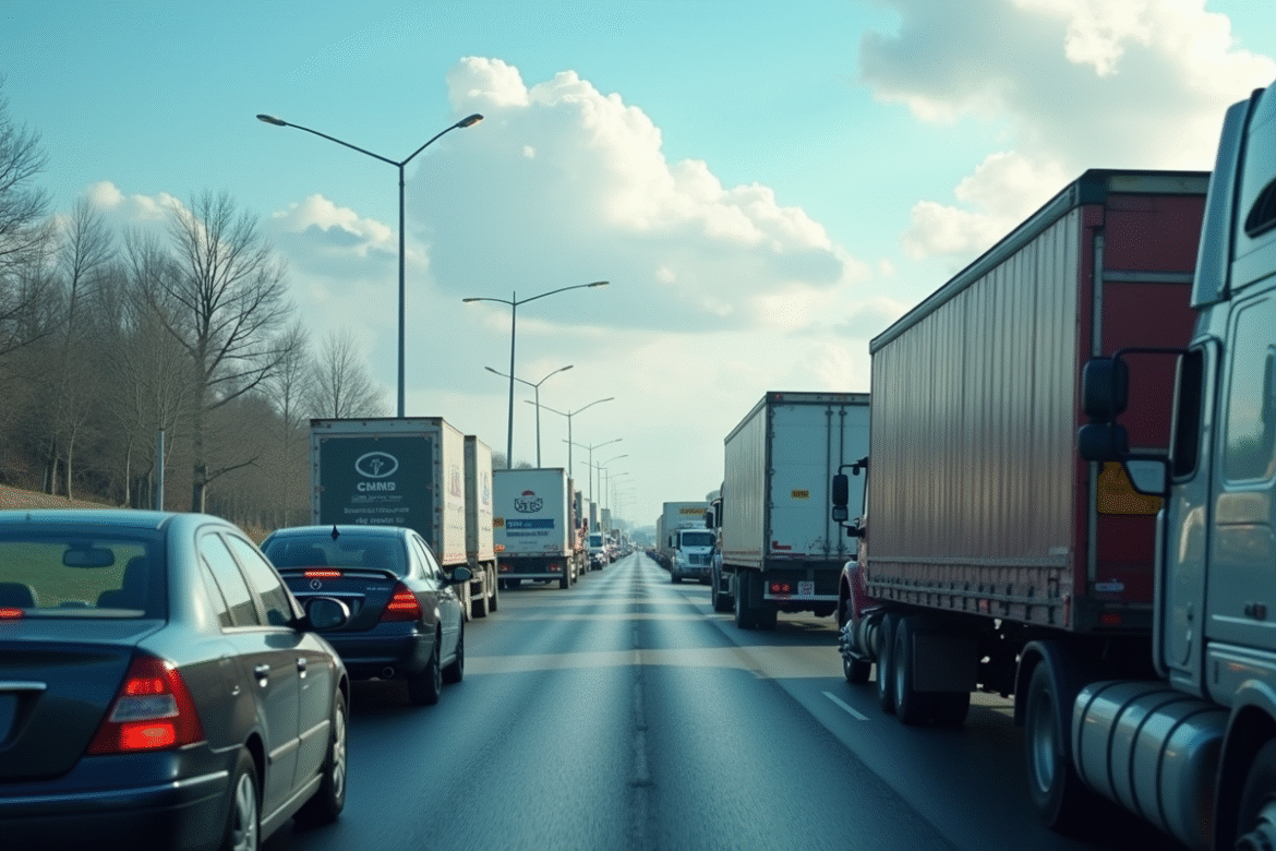 Bouchon de voitures et camions avec fumée en ville