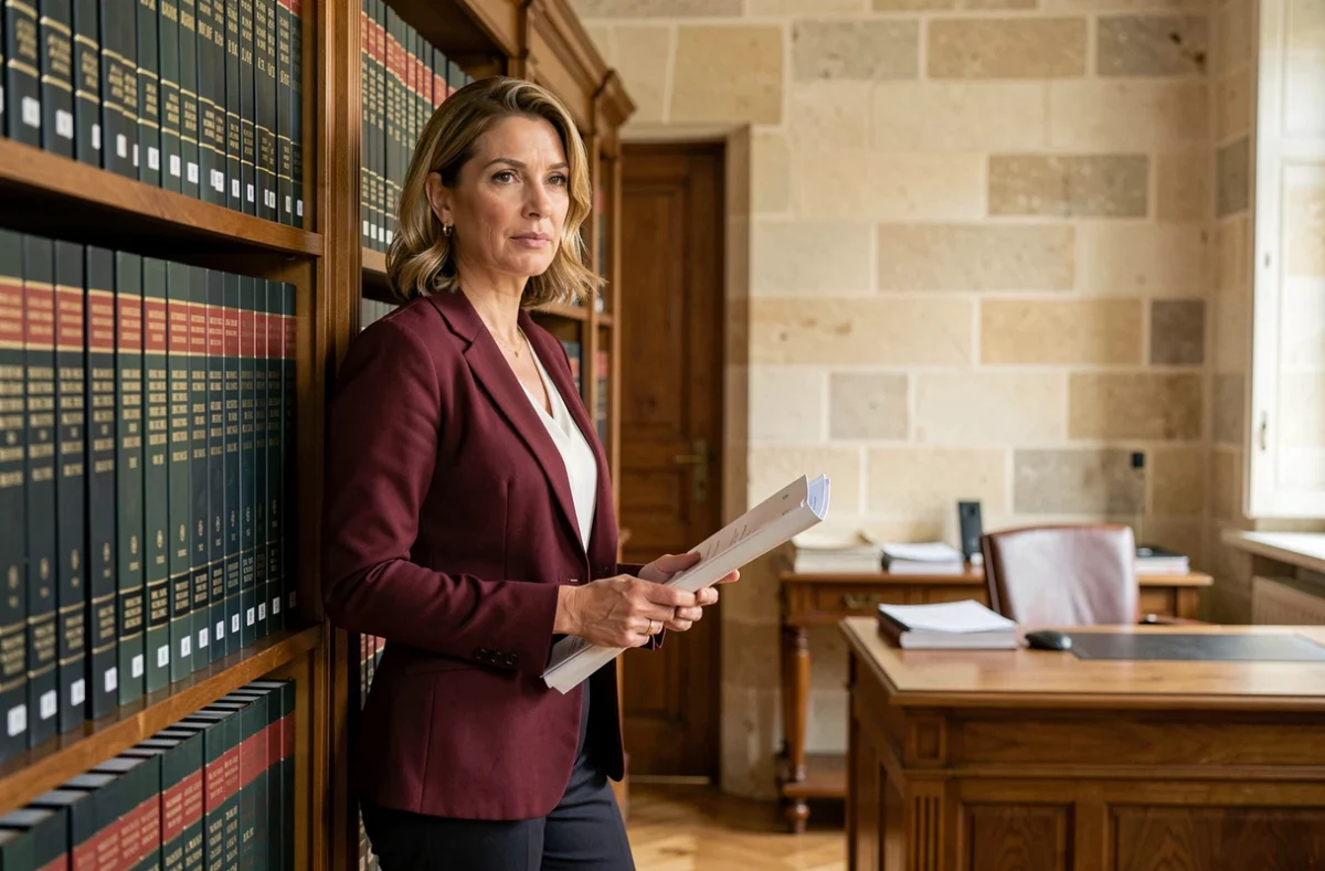 Avocate Emilie Lagarde au barreau d'Angoulême, en blazer bordeaux tenant un dossier devant une bibliothèque de codes juridiques