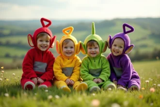 Quatre enfants en costumes telletubbies dans la nature